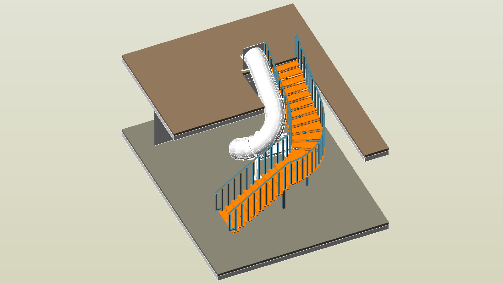Wizualizacja 3D projektu architektonicznego z krętymi schodami w kolorze pomarańczowym i zjeżdżalnią w kolorze białym, umieszczona na szarym tle z brązowymi elementami konstrukcyjnymi.