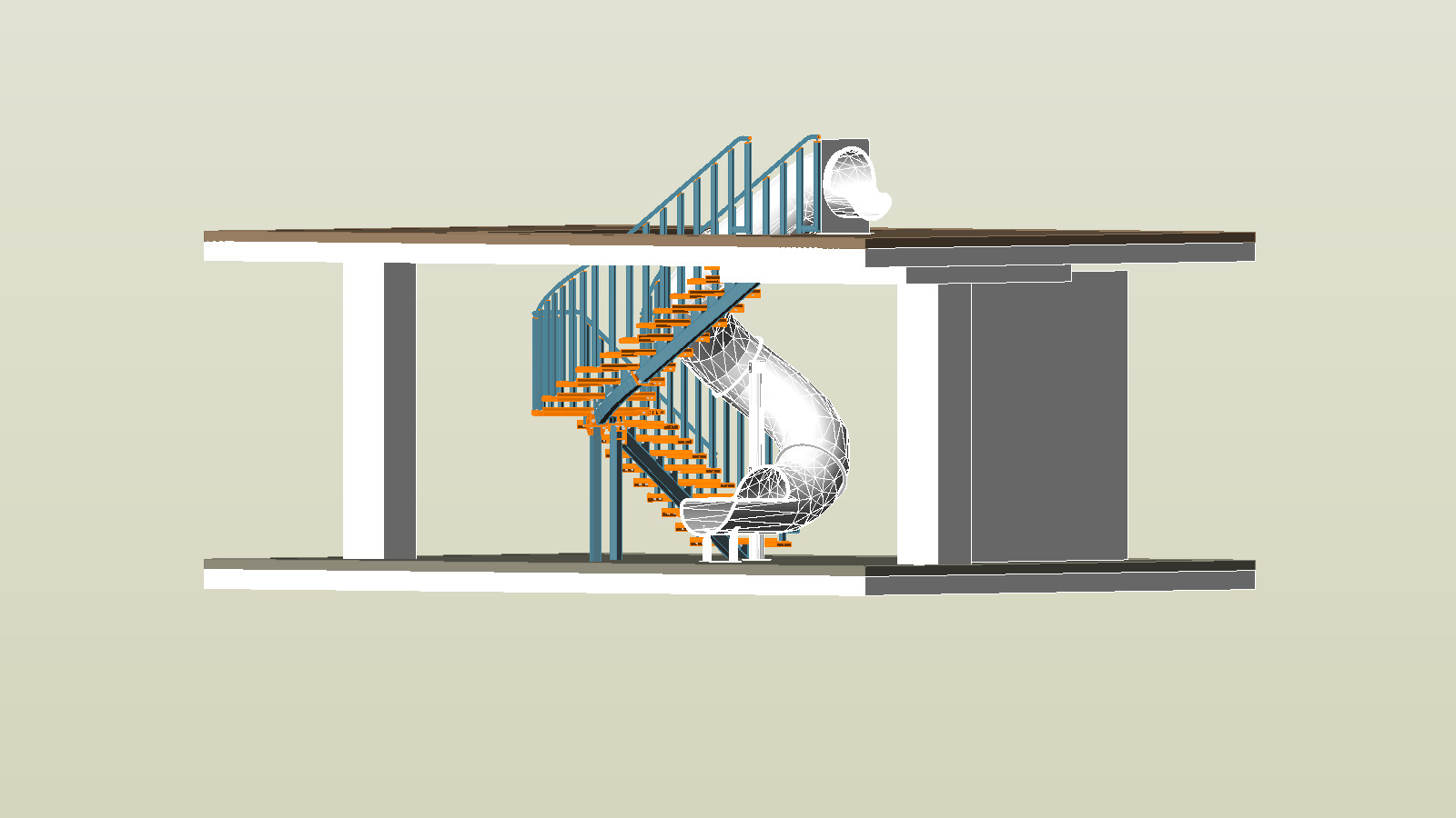 Wizualizacja 3D konstrukcji z spiralnymi schodami i zjeżdżalnią w Chorzowie, ukazana w przekroju.
