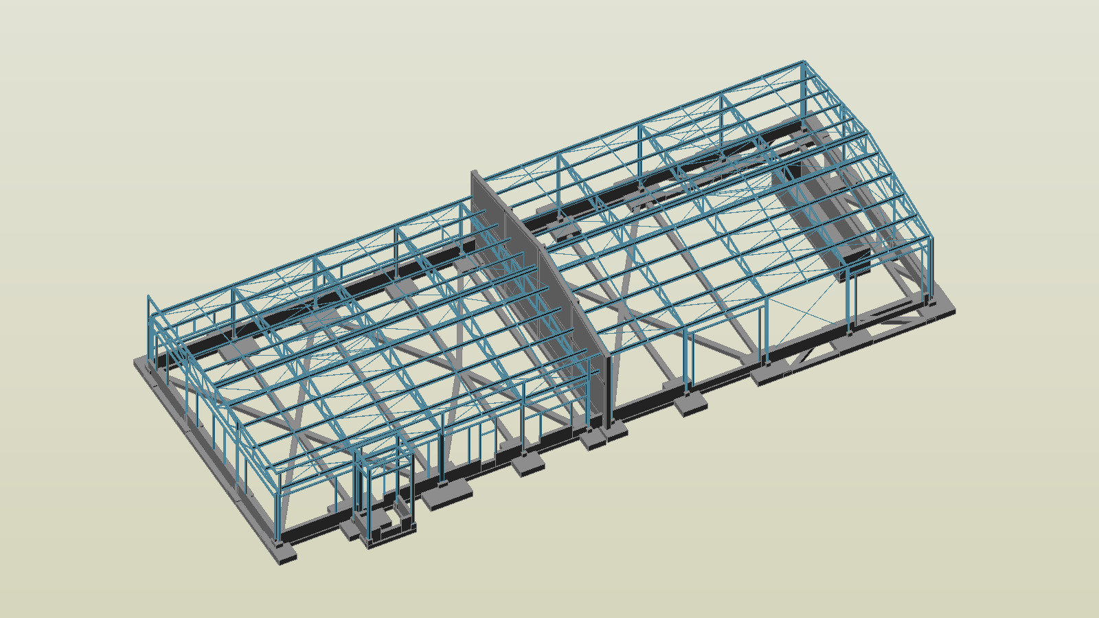 Wizualizacja 3D szkieletu hali z niebieskich stalowych belek na betonowej podstawie, widok z góry pod kątem.