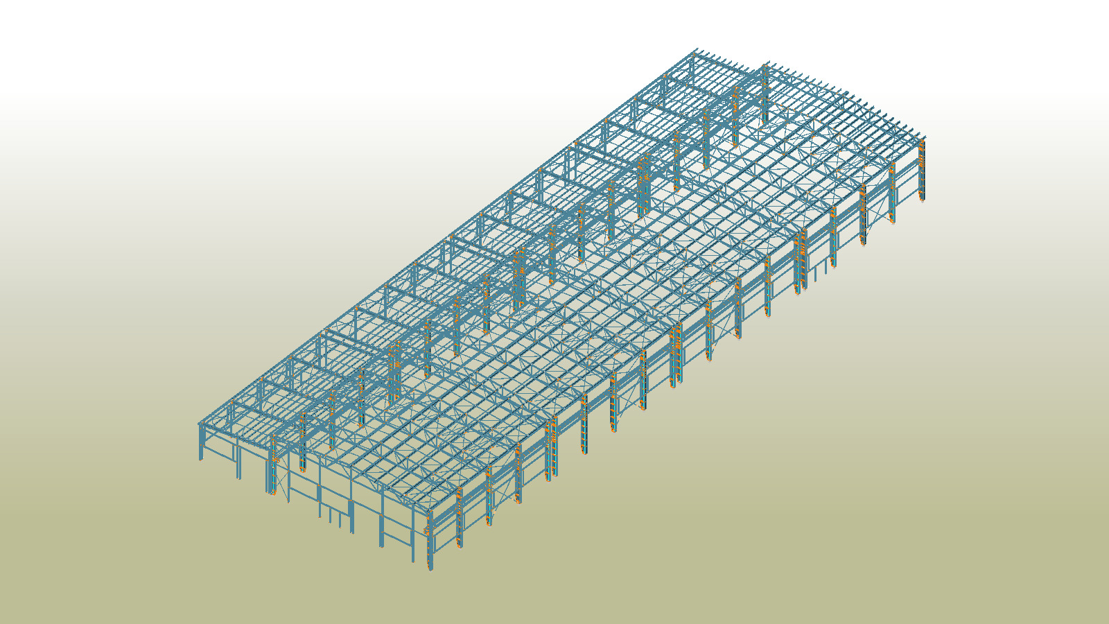 Wizualizacja 3D szkieletu konstrukcji hali z elementów stalowych, z detalami połączeń śrubowych w kolorze pomarańczowym, na jednolitym tle.