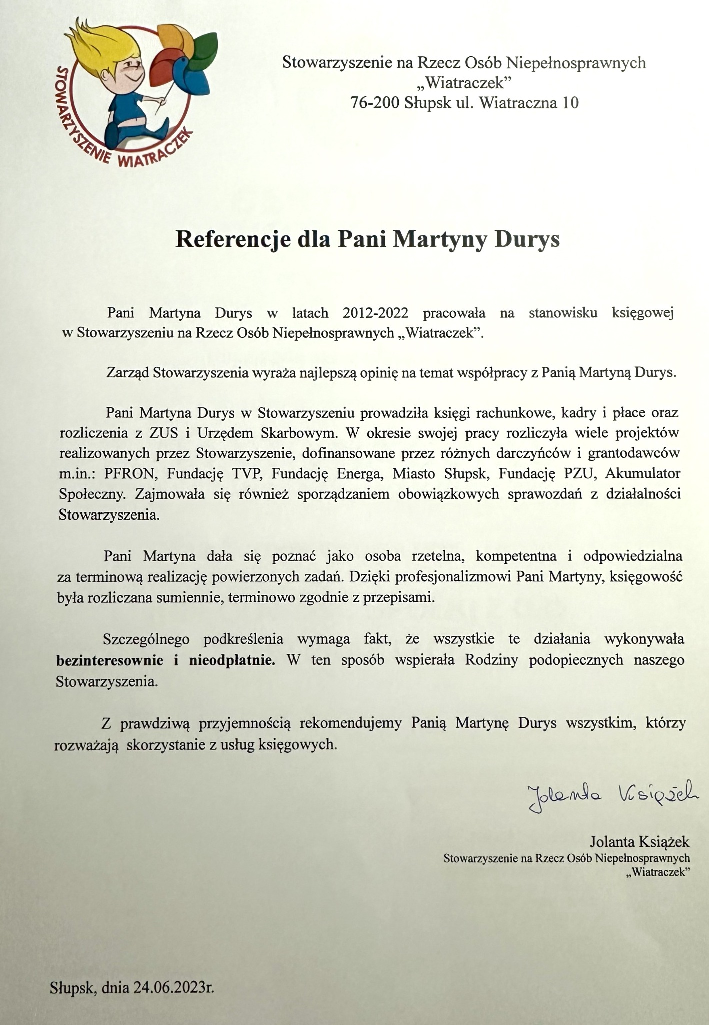 Referencje dla księgowej z Słupska. Dokument potwierdza doświadczenie w prowadzeniu ksiąg rachunkowych, kadr i płac oraz rozliczeń ZUS i US.