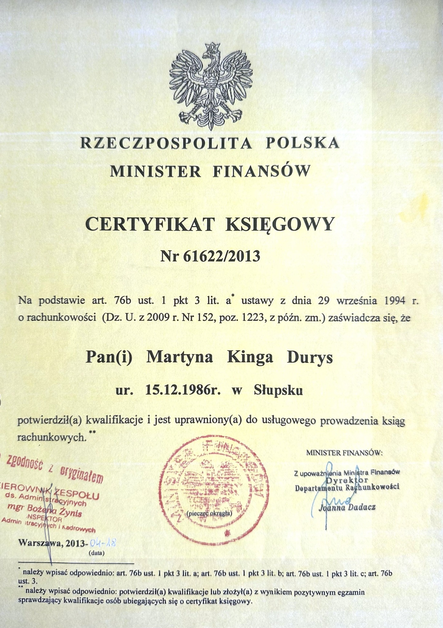Certyfikat Księgowy Ministerstwa Finansów dla Martyny Kingi Durys z Słupska, potwierdzający kwalifikacje do prowadzenia ksiąg rachunkowych.
