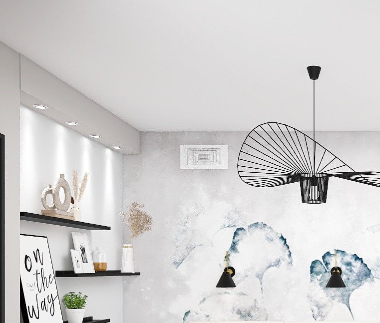 Nowoczesne wnętrze z abstrakcyjnym malowidłem na ścianie, czarnymi półkami z dekoracjami, i designerską lampą wiszącą w formie kapelusza.
