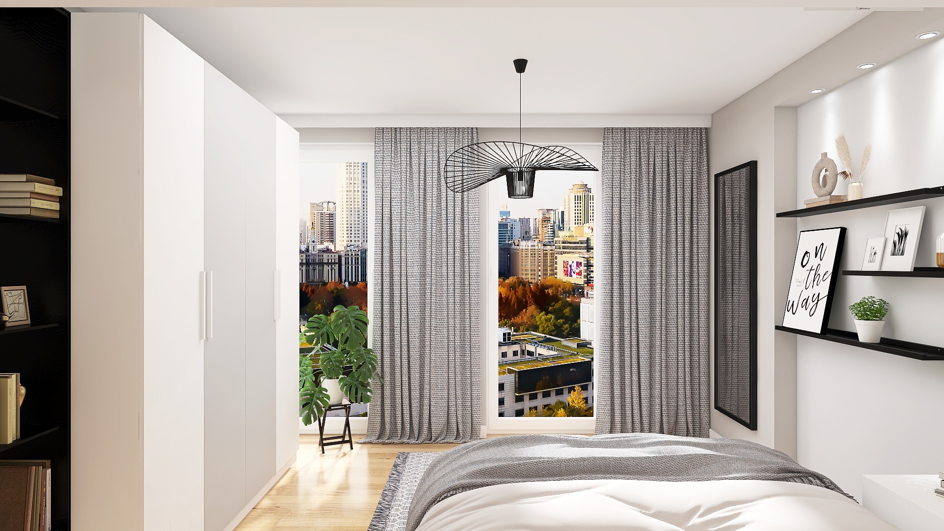 Jasna sypialnia z widokiem na miasto, duża szafa z białymi frontami, dekoracyjne półki ścienne z grafikami i roślinami, modernistyczna lampa wisząca, szare zasłony w oknach.