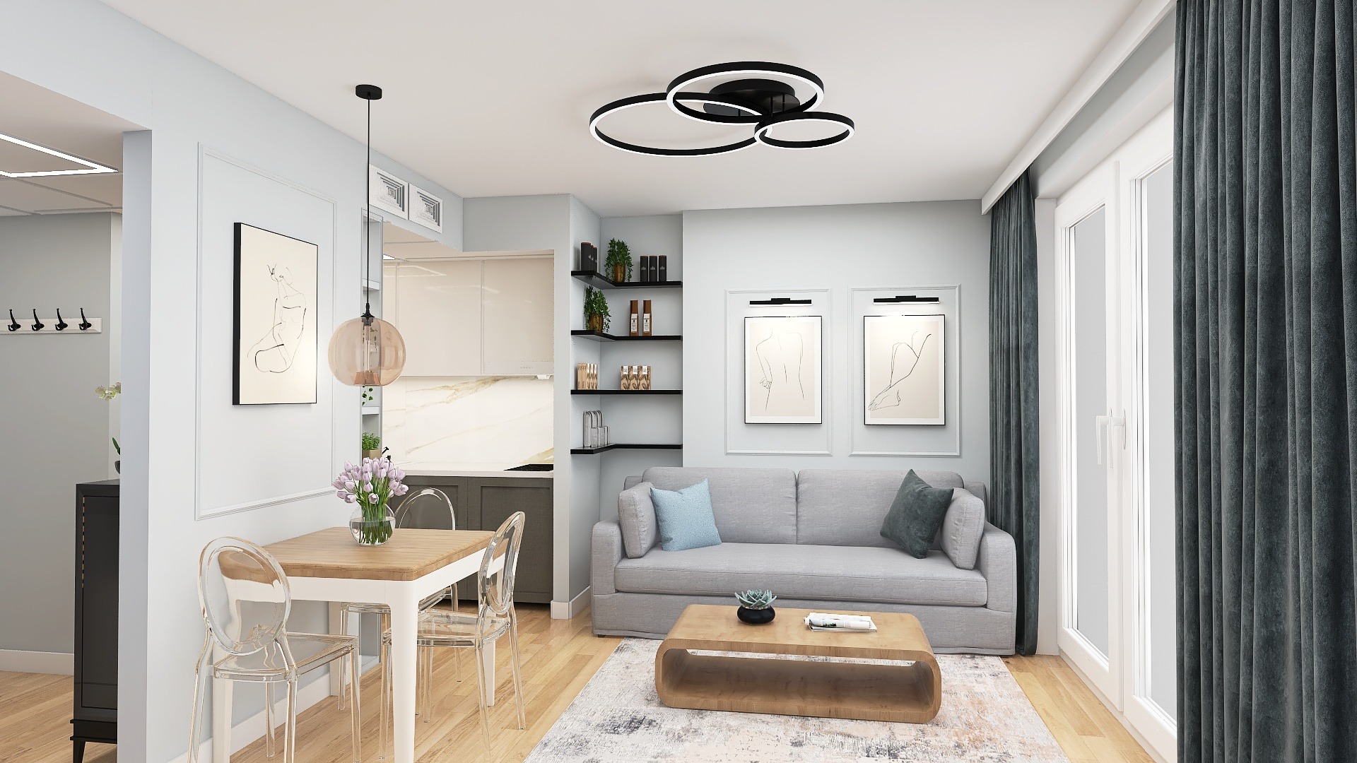 Wizualizacja salonu z aneksem kuchennym w jasnych barwach, z drewnianym stołem i krzesłami z przezroczystego tworzywa, szarą sofą z poduszkami i abstrakcyjnymi obrazami na ścianie.