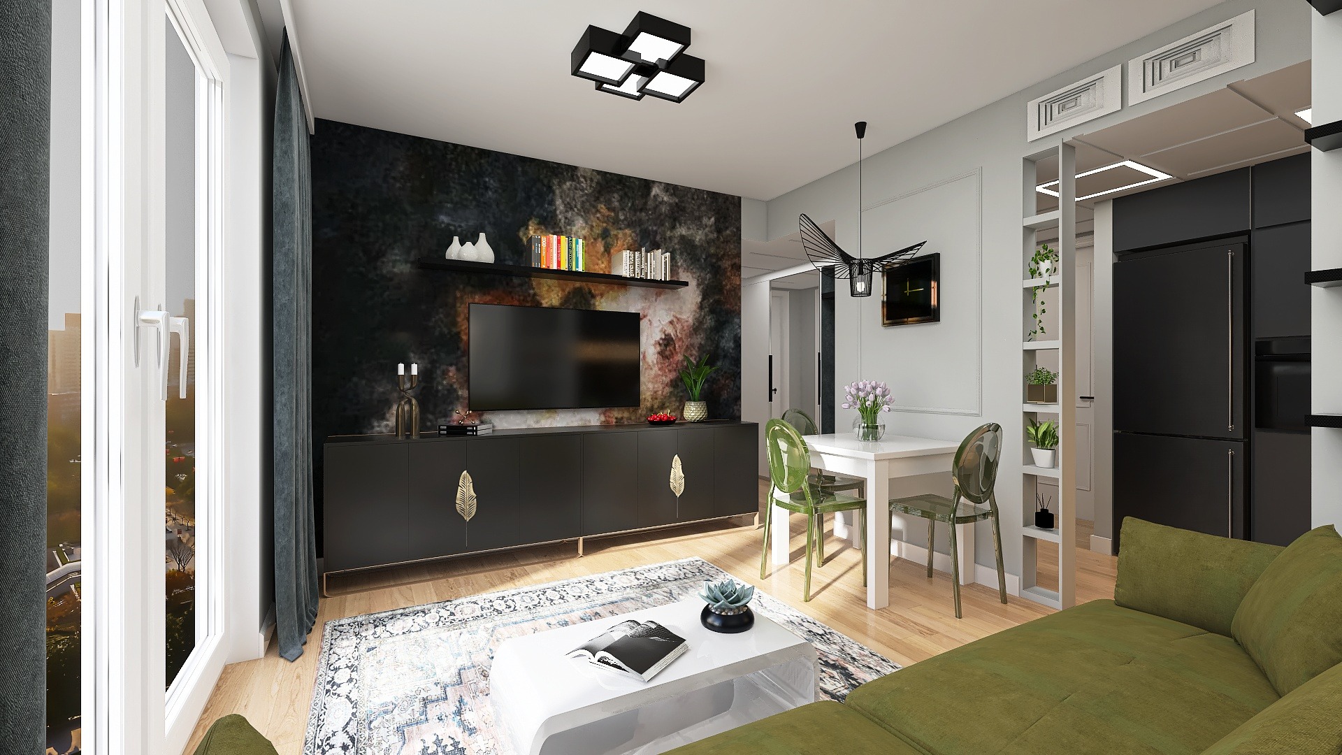 Wizualizacja salonu z telewizorem na tle ściany z abstrakcyjnym wzorem, czarną komodą z dekoracyjnymi uchwytami, białym stolikiem kawowym z książką, zieloną sofą i przezroczystymi krzesłami. W tle...