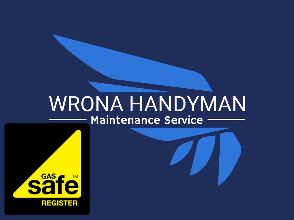 Logo firmy Wrona Handyman Maintenance Service z niebieskim symbolem skrzydła i certyfikatem Gas Safe Register