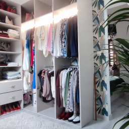 Zakład MEBLARSKI Meblostyl - Biała garderoba na poddaszu z półkami, szufladami i wieszakami, oświetlona listwami LED, z wzorzystą tapetą w tle i rośliną doniczkową na pierwszym planie.