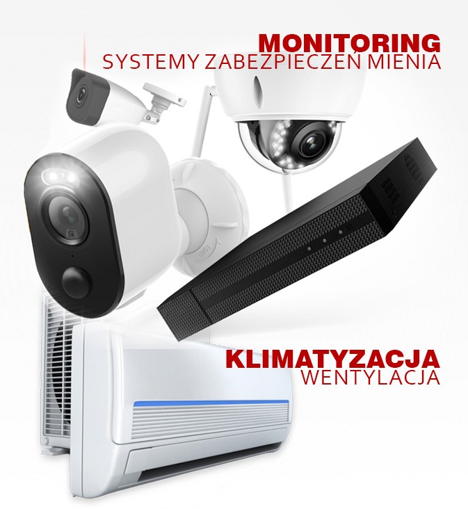 Zestaw urządzeń: kamery monitoringu z reflektorem, rejestrator DVR, klimatyzator ścienny z niebieskim paskiem, oraz wentylator, na białym tle z czerwonymi napisami.