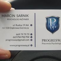 Wizytówka z danymi kontaktowymi: Marcin Sarnik, psycholog inżynier, adres, numery telefonów, adres e-mail i strona internetowa Pracowni Psychologicznej Progresway.
