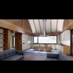 Wnętrze nowoczesnej kuchni z wyspą i drewnianymi akcentami, widok z salonu na otwartą przestrzeń, sufit z drewnianymi belkami.