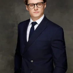 Portret mężczyzny w okularach i granatowym garniturze na tle szarej ściany. Profesjonalny wizerunek prawnika, elegancki strój, stonowane tło.