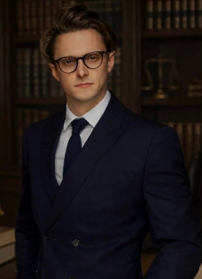 Portret młodego mężczyzny w garniturze i okularach na tle biblioteczki z wagą Temidy. Profesjonalny wizerunek adwokata w kancelarii.