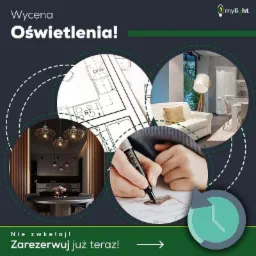 Projektowanie oświetlenia: ręka rysuje schemat instalacji na planie mieszkania, wizualizacje lamp i aranżacji wnętrz w tle, logo firmy w prawym górnym rogu, zachęta do rezerwacji.