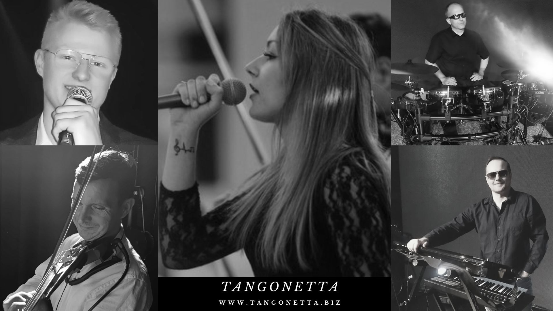 Czarno-biała kompozycja zdjęć przedstawiająca wokalistę z mikrofonem, skrzypka, perkusistę oraz klawiszowca podczas występu, z widocznym logo 'TANGONETTA' i adresem strony internetowej.