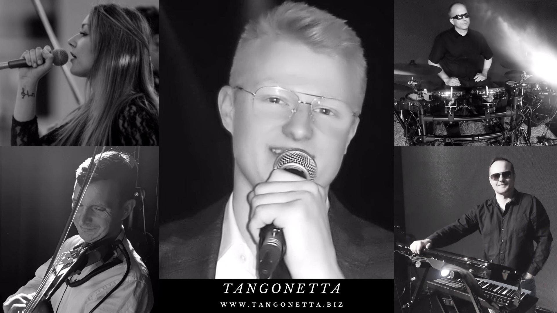 Czarno-biała kompozycja kolażowa przedstawiająca wokalistkę z tatuażem nuty, wokalistę w okularach, perkusistę w okularach przeciwsłonecznych, skrzypka w białej koszuli oraz klawiszowca w okularach...