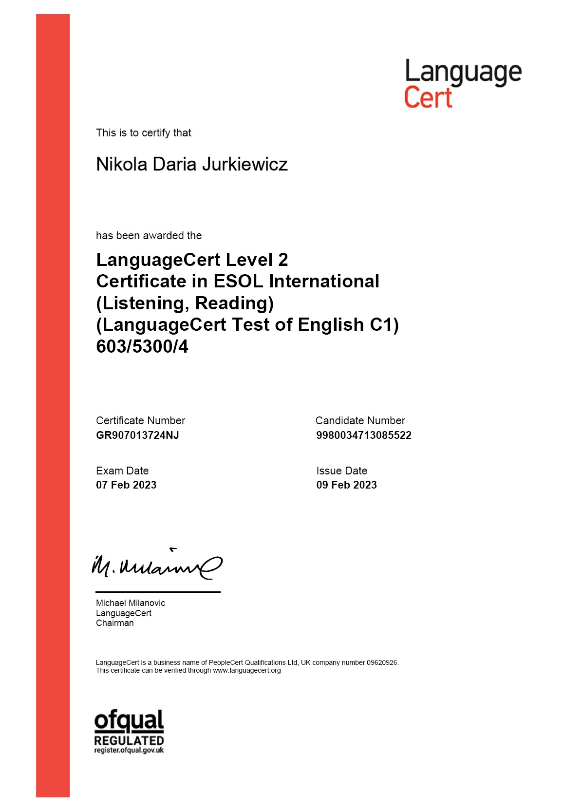 English LTE CEFR C1 Certificate