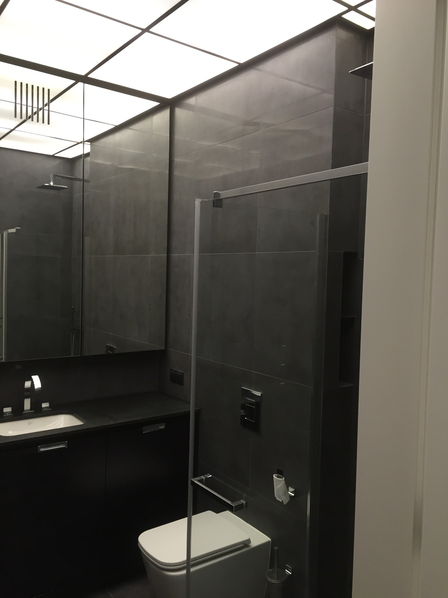 Nowoczesna łazienka z ciemnymi płytkami, kabiną prysznicową ze szkła, podwieszaną toaletą i oświetleniem sufitowym w kratkę.