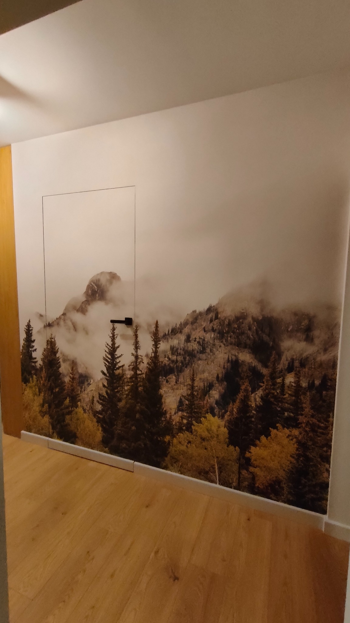 Pokój z fototapetą górskiego lasu na ścianie i ukrytymi drzwiami. Jasna podłoga z paneli. Minimalistyczny design, ciepłe oświetlenie.