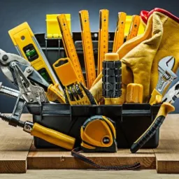 Czarna skrzynka narzędziowa wypełniona różnorodnymi narzędziami, w tym poziomica, miarka zwijana (3m), kombinerki, klucz nastawny, rękawice robocze, kątowniki i ściski stolarskie, ułożona...