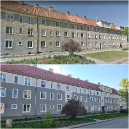 Porównanie elewacji budynku przed i po renowacji: od szarej, chropowatej powierzchni do gładkiej, pomalowanej na szaro z białymi akcentami.