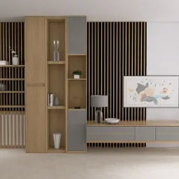 Wizualizacja salonu z drewnianą zabudową ściany, regałem z półkami, szafką RTV i obrazem w ramie, uzupełniona o żółte zasłony i dekoracyjne przedmioty.