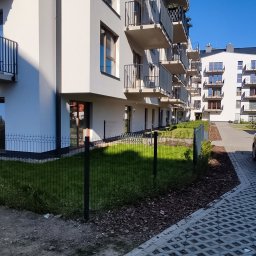 Profi ViOl Company Viktor Savchuk - Nowoczesne osiedle z niskim, czarnym ogrodzeniem z siatki, oddzielającym trawnik od chodnika z ażurowych płyt betonowych.