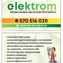 Folder reklamowy firmy Elektrom oferującej pełen zakres usług elektrycznych, zawierający numer telefonu, adres e-mail oraz listę oferowanych usług, w tym instalacje elektryczne, wymianę instalacji,...