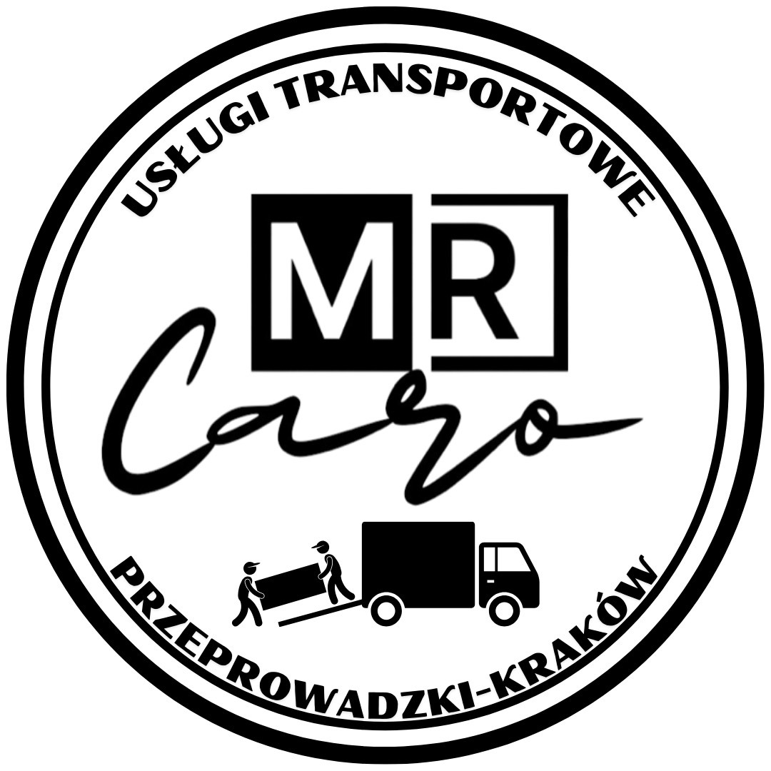 Czarno-białe logo firmy transportowej MR Caro Przeprowadzki-Kraków w okręgu, z grafiką przedstawiającą dwóch mężczyzn wnoszących mebel do furgonetki.