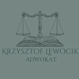 Grafika przedstawiająca otwartą księgę z wagą sprawiedliwości powyżej, pod spodem imię i nazwisko Krzysztof Lewocik Adwokat, całość w odcieniach szarości.