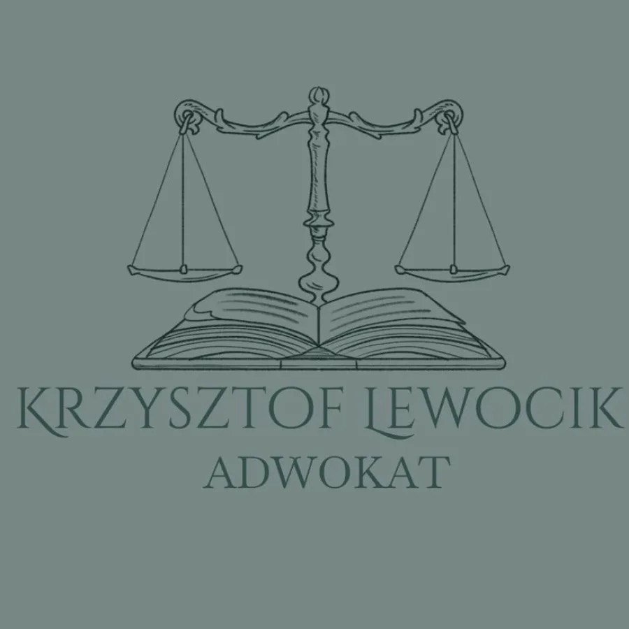 Grafika przedstawiająca otwartą księgę z wagą sprawiedliwości powyżej, pod spodem imię i nazwisko Krzysztof Lewocik Adwokat, całość w odcieniach szarości.