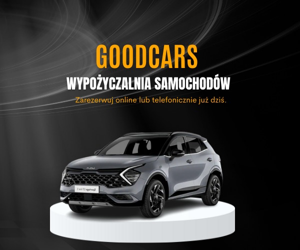 Szary samochód marki Kia Sportage na białym podeście, z napisem 'GOODCARS' i hasłem 'Zarezerwuj online lub telefonicznie już dziś' na czarnym tle.