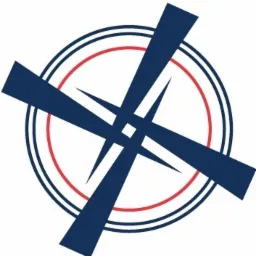 Abstrakcyjne logo geodezyjne: ciemnoniebieskie ramiona kompasu wewnątrz podwójnego okręgu z czerwonym akcentem.