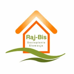 Logo firmy Raj-Bis specjalizującej się w dociepleniach i elewacjach, z motywem domu w kolorach pomarańczowym i zielonym.