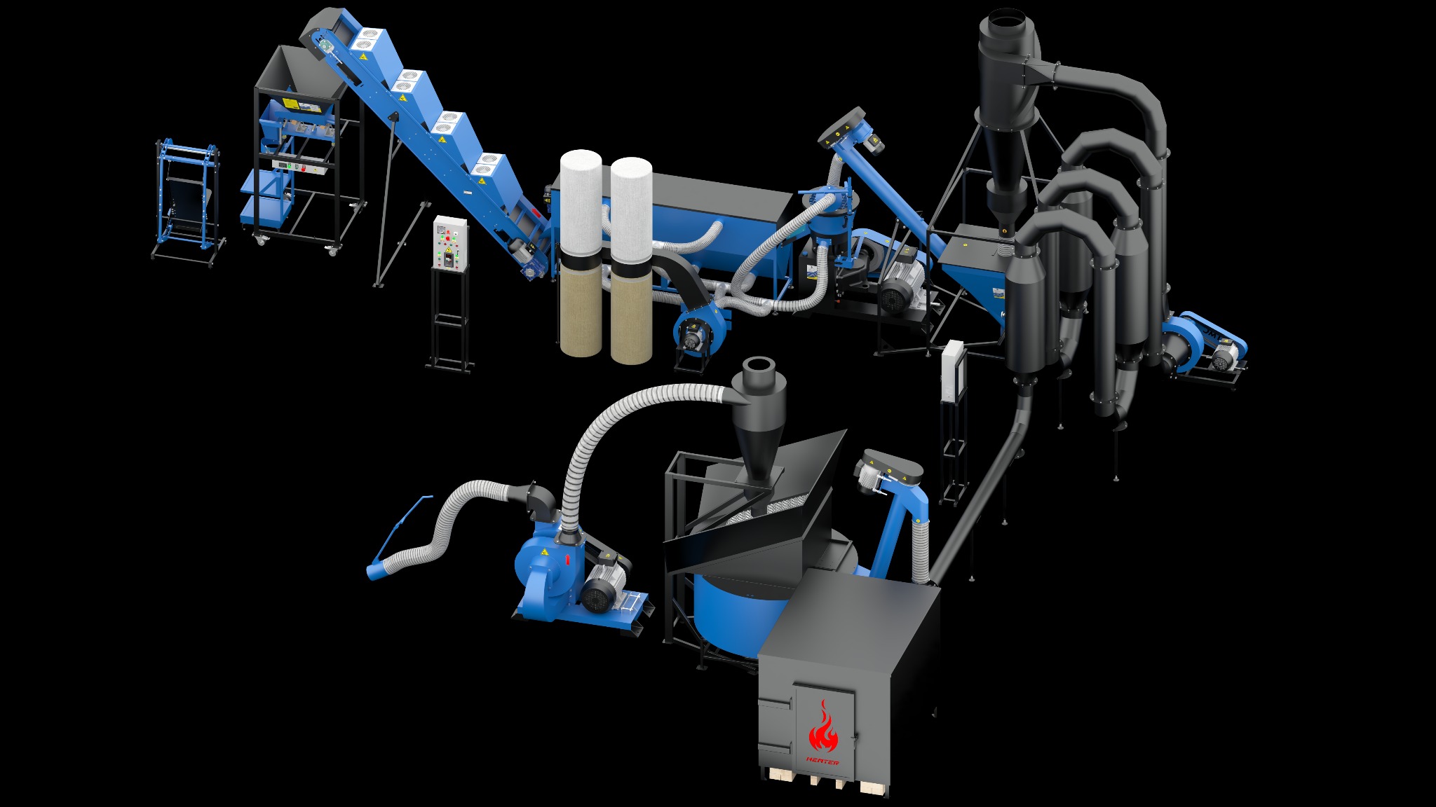 Kompletna linia technologiczna do granulacji biomasy, widok z góry, prezentująca podajniki, filtry, zbiorniki i piec z logo producenta Heater.