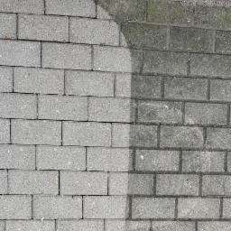 Częściowo wyczyszczona szara kostka brukowa, po lewej stronie czysta, po prawej pokryta mchem i zabrudzeniami, widoczna różnica w kolorze i fakturze.