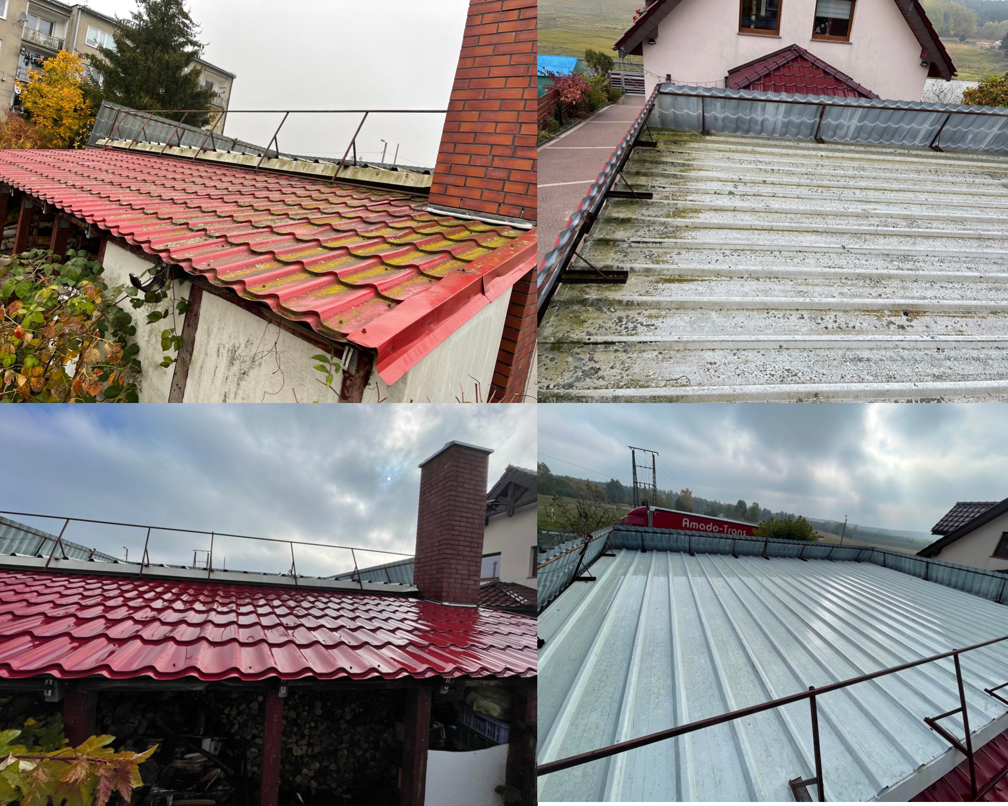 Kompozycja czterech ujęć dachu przed i po czyszczeniu: czerwona dachówka z mchem i biała blacha z zabrudzeniami zestawione z czystymi powierzchniami, ukazujące różnicę po wykonanej usłudze.