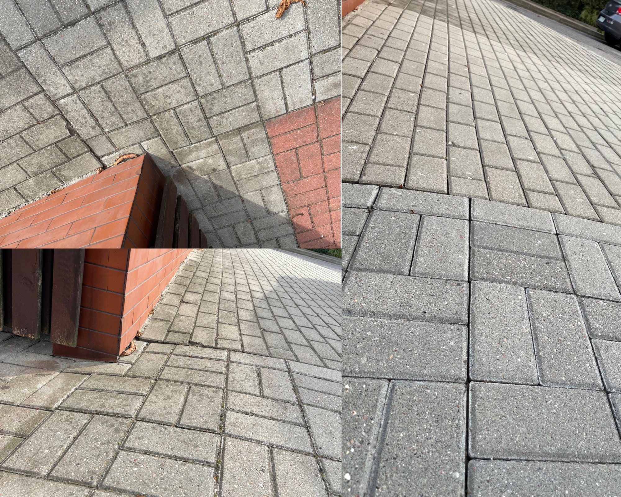 Ułożona szara kostka brukowa na posesji, widok z góry, fragment muru z czerwonej cegły po lewej stronie kadru.