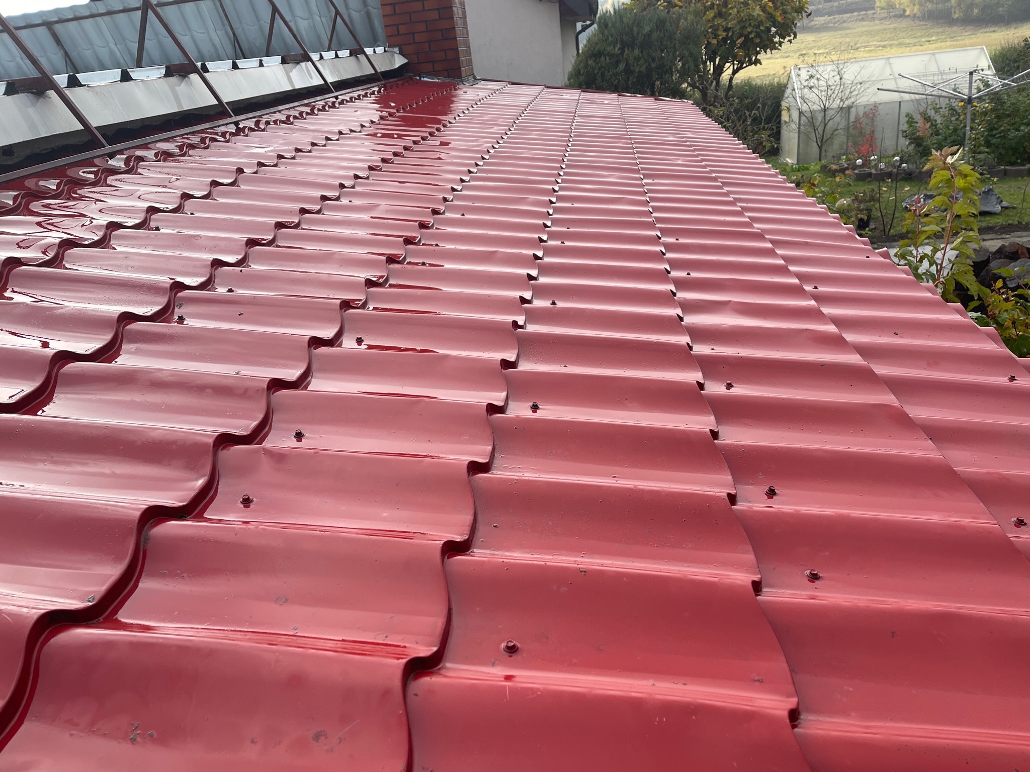 Czerwony dach z blachy trapezowej w trakcie mycia, widoczne mokre fragmenty i elementy mocujące, w tle budynek z ceglanym kominem i szklarnia.