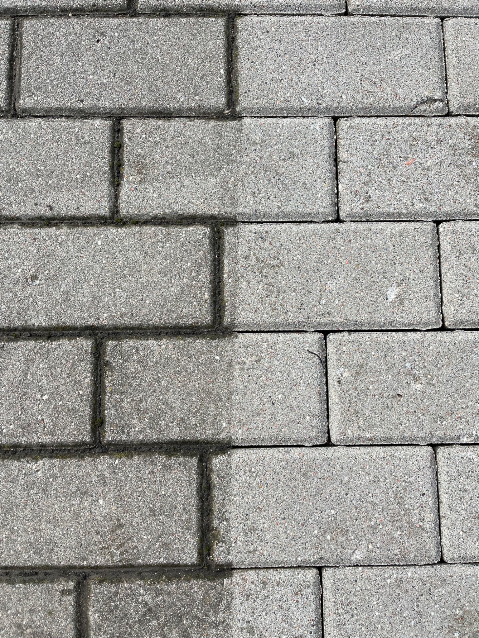 Częściowo wyczyszczona kostka brukowa, widoczna różnica w kolorze między czystą a brudną powierzchnią, mech w szczelinach.