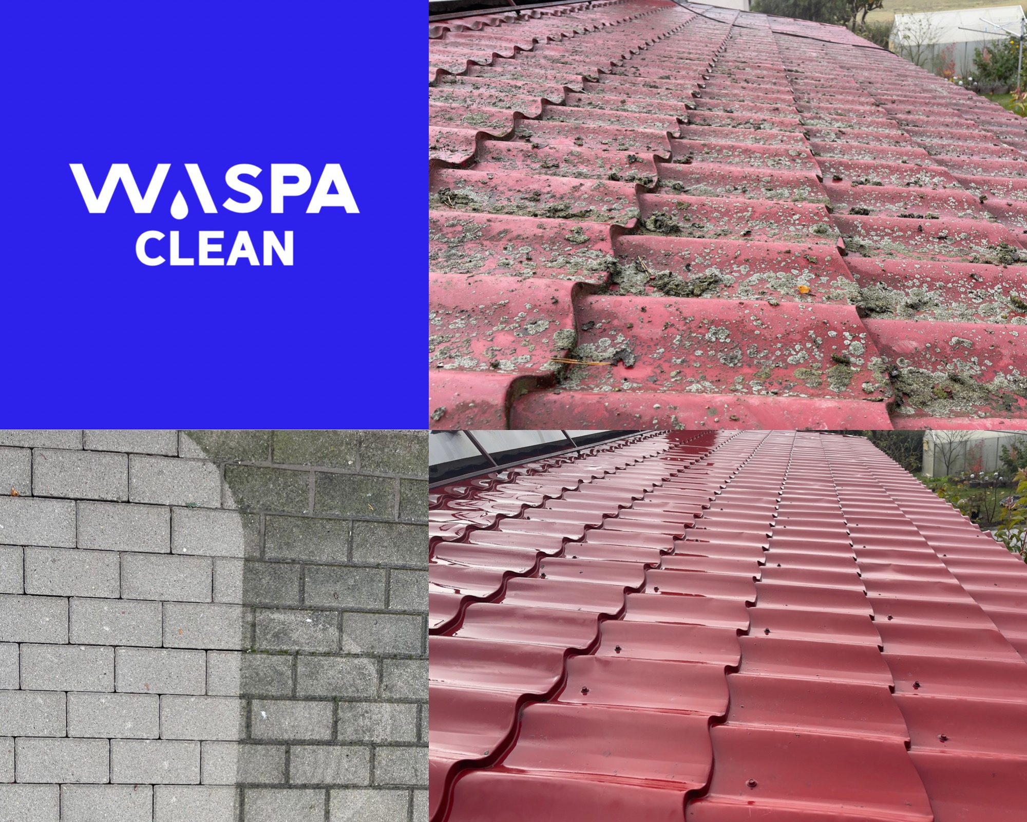 Kolaż prezentujący logo firmy Waspaclean, fragment dachu pokrytego mchem i porostami przed czyszczeniem, kostkę brukową w trakcie czyszczenia (widoczna różnica między czystą a zabrudzoną...