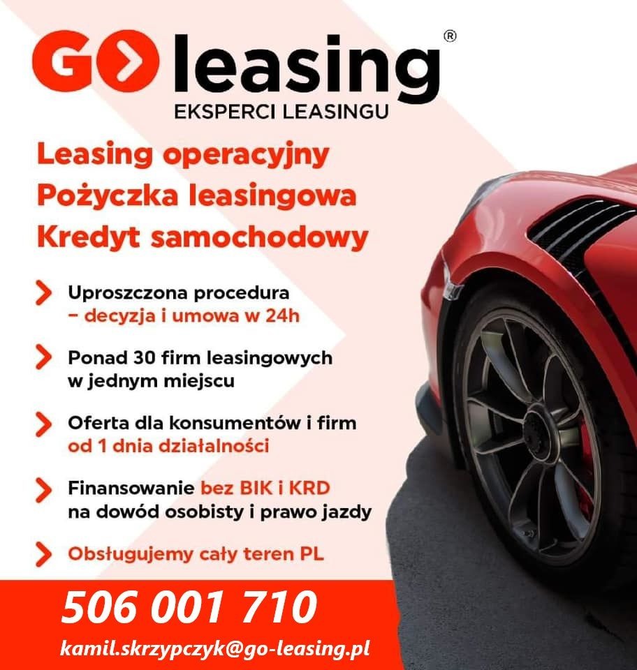 Oferta Go Leasing: leasing operacyjny, pożyczka leasingowa i kredyt samochodowy. Czerwony sportowy samochód w tle. Uproszczona procedura i decyzja w 24h.