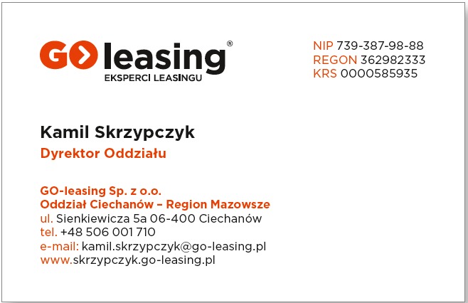 Wizytówka GO-leasing z danymi kontaktowymi Kamila Skrzypczyka, Dyrektora Oddziału Ciechanów. Zawiera logo firmy, adres, telefon, e-mail i NIP.
