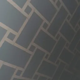 Ściana pomalowana w geometryczny wzór z szarymi prostokątami i beżowymi obramowaniami, widok pod kątem.