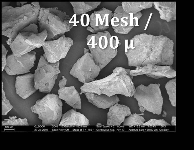Mikroskopowy obraz ziaren kruszywa o granulacji 40 Mesh / 400 μm, używanego w mieszankach do budowy nawierzchni drogowych.