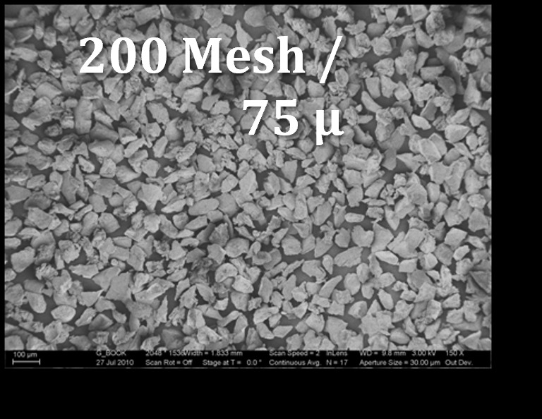 Mikroskopowy obraz kruszywa o ziarnistości 200 Mesh i wielkości 75 mikrometrów, używanego w budownictwie drogowym.