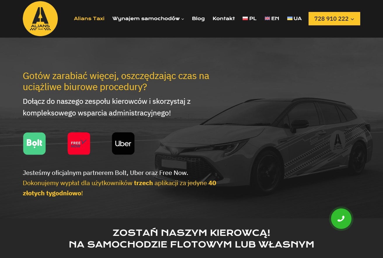 Strona internetowa dla firmy zatrudniającej taksówkarzy. Wordpress. WPML. Trójjęzyczna strona internetowa