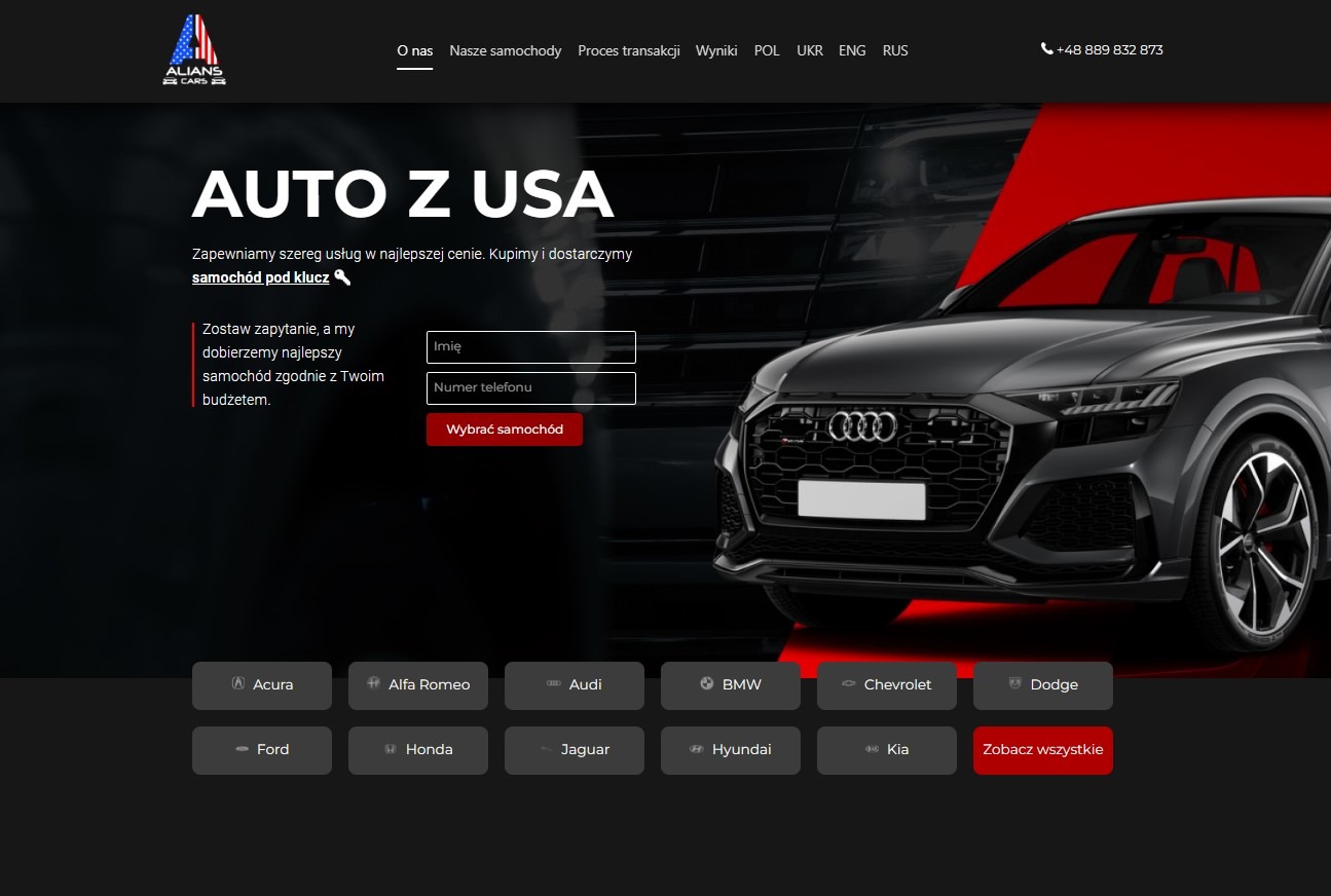 Strona internetowa firmy oferującej import samochodów z USA, z formularzem kontaktowym i logotypami marek samochodów.