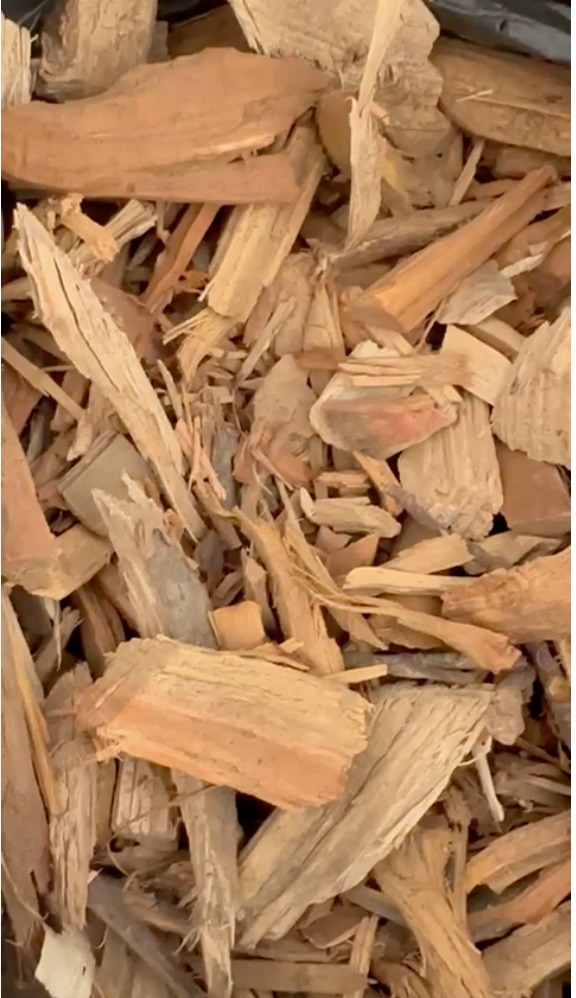 Jasnobrązowe zrębki drzewne o różnej wielkości i kształcie, ułożone warstwami, widoczne w zbliżeniu.