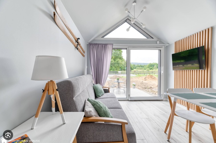 Jasne wnętrze pokoju dziennego z szarą sofą, drewnianymi nartami na ścianie, lampą na trójnogu i widokiem na zewnątrz przez przesuwne drzwi balkonowe.